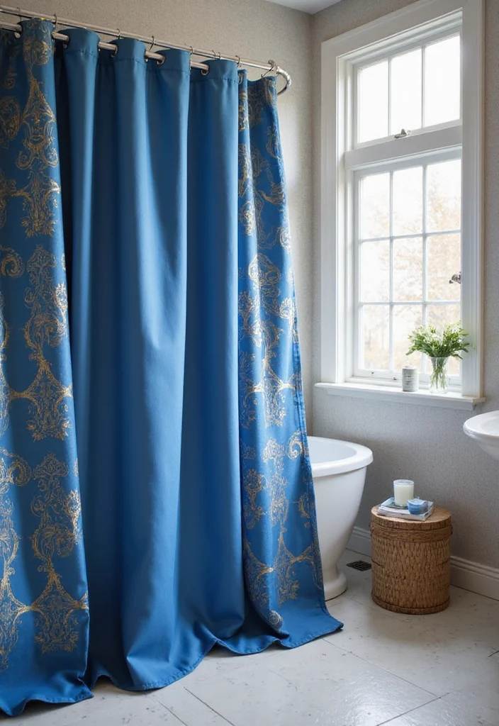 12 Blue and Gold Bathroom Ideas for Elegant Modern Style - 12. Blue Accented Shower Curtains
