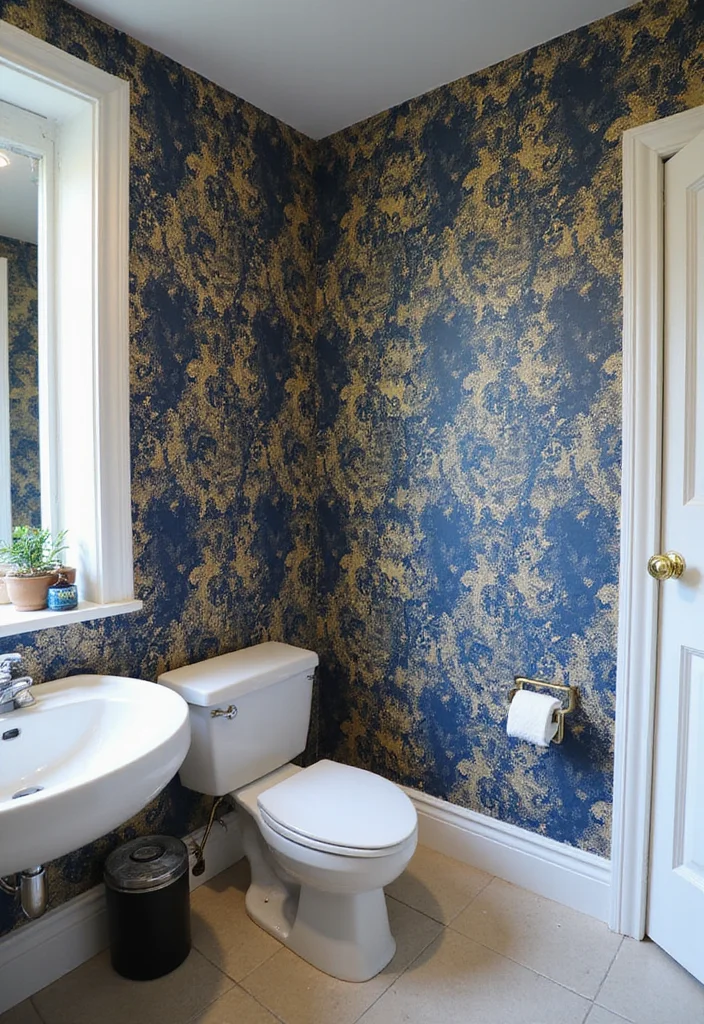 12 Blue and Gold Bathroom Ideas for Elegant Modern Style - 3. Statement Wallpaper