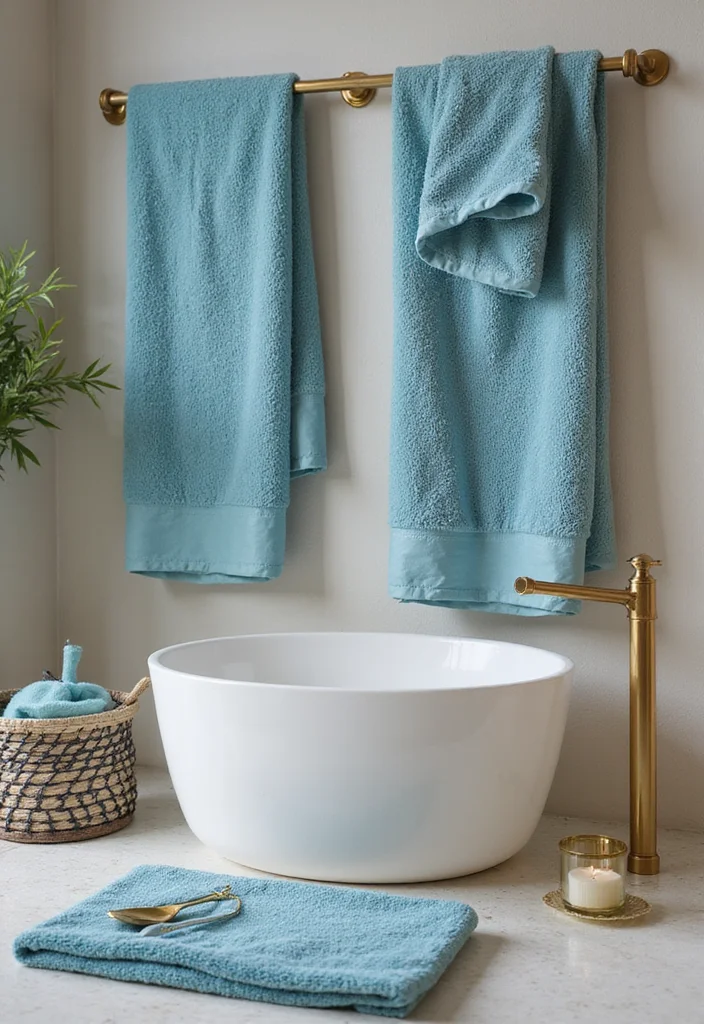 12 Blue and Gold Bathroom Ideas for Elegant Modern Style - 4. Plush Textiles
