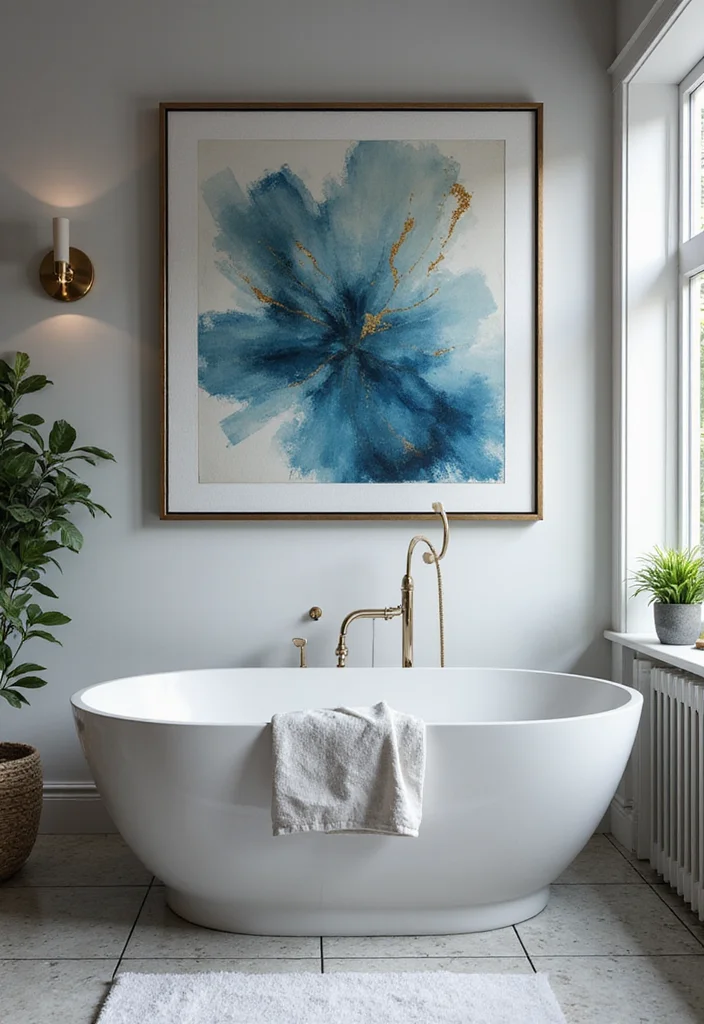 12 Blue and Gold Bathroom Ideas for Elegant Modern Style - 5. Blue and Gold Artwork