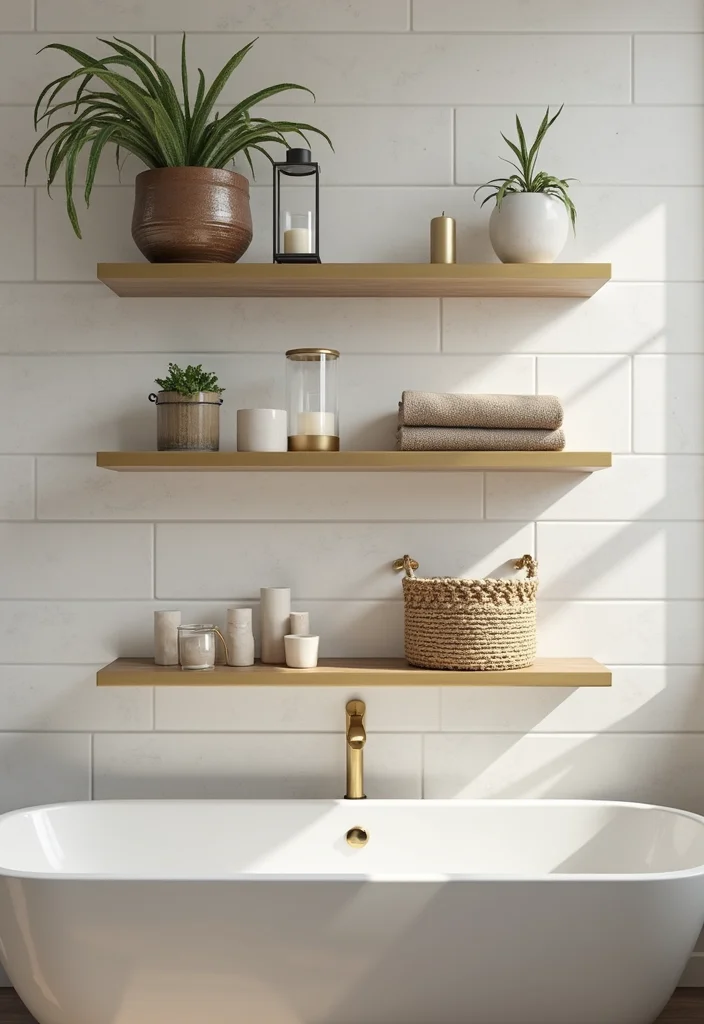 12 Blue and Gold Bathroom Ideas for Elegant Modern Style - 9. Floating Shelves