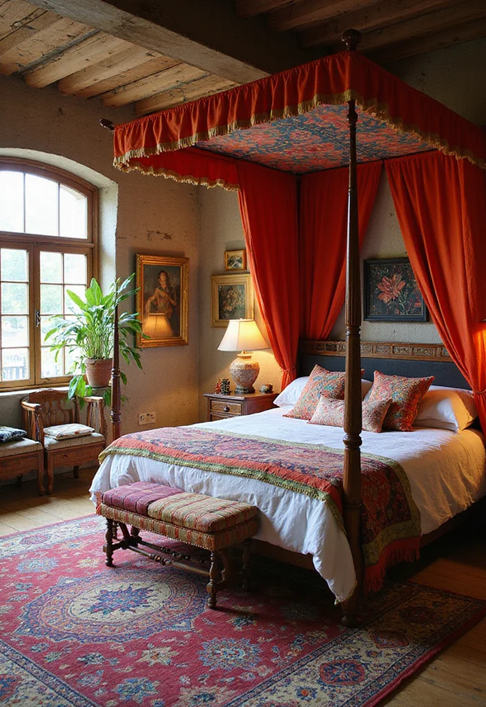 12 Canopy Bedroom Ideas for Soft Romantic Comfort - 1. Bohemian Bliss with Colorful Canopies