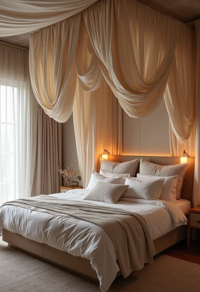 12 Canopy Bedroom Ideas for Soft Romantic Comfort - 10. Artistic Draping for Unique Appeal