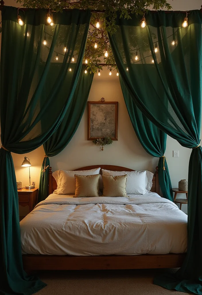 12 Forest Green Bedroom Ideas for Deep Natural Calm - 2. Create a Cozy Canopy with Forest Green Drapes