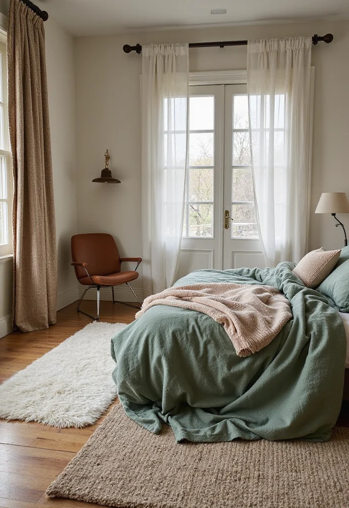 12 Forest Green Bedroom Ideas for Deep Natural Calm - 7. Layered Rugs for Warmth