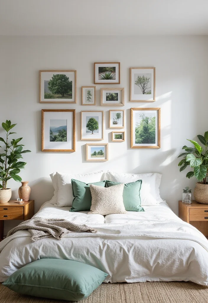 12 Forest Green Bedroom Ideas for Deep Natural Calm - 9. Create a Gallery Wall