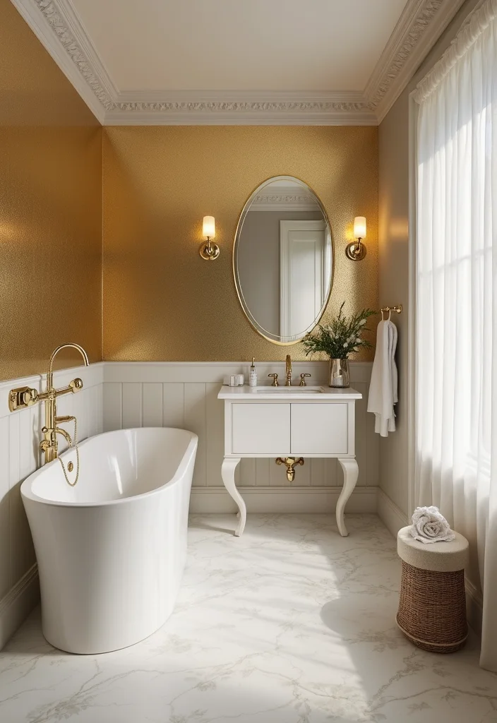 12 Gold Bathroom Ideas for Warm Luxe Accents - 1. Gold Foil Wallpaper