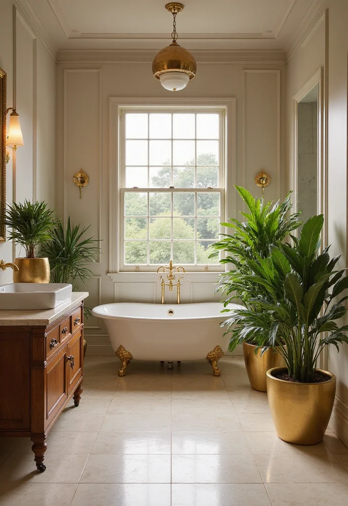 12 Gold Bathroom Ideas for Warm Luxe Accents - 12. Gold-Infused Plants