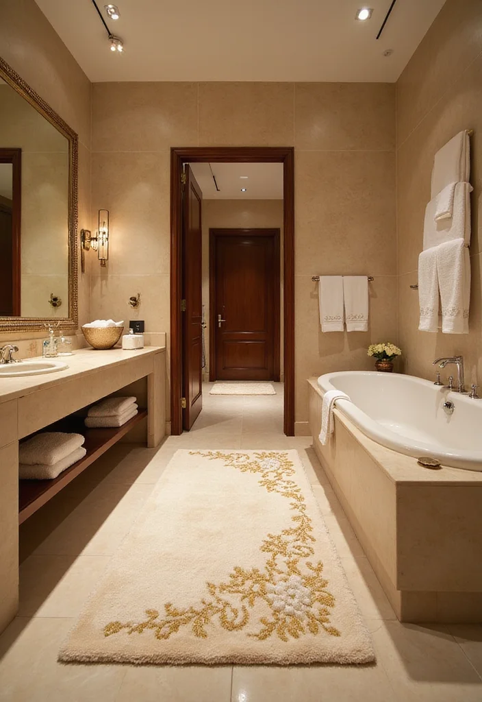 12 Gold Bathroom Ideas for Warm Luxe Accents - 6. Gold Bath Mats and Towels