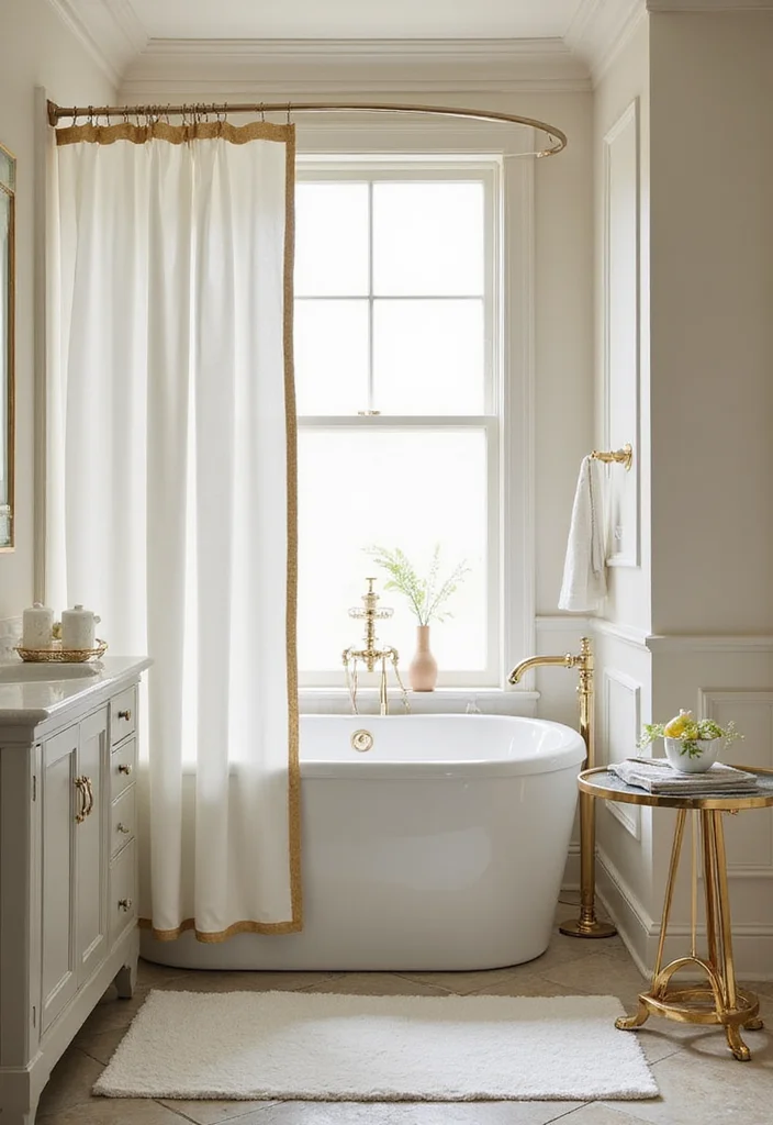 12 Gold Bathroom Ideas for Warm Luxe Accents - 8. Gold-Trimmed Shower Curtain