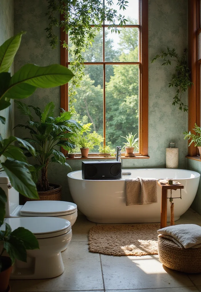 12 Jungle Bathroom Ideas for Lush Tropical Vibes - 12. Relaxing Soundscapes