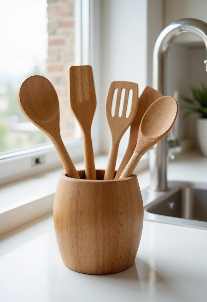 12 Kitchen Sink Decor Ideas for Clean Stylish Counters - 1. Elegant Wooden Utensil Holder