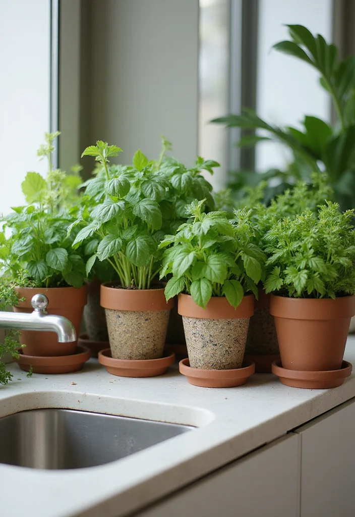 12 Kitchen Sink Decor Ideas for Clean Stylish Counters - 2. Chic Potted Herbs