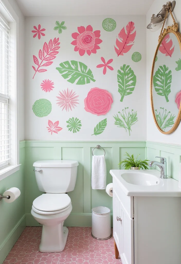12 Pink and Green Bathroom Ideas for Fun Stylish Contrast 122 12 Pink and Green Bathroom Ideas for Fun Stylish Contrast - 12. Playful Wall Art Stickers