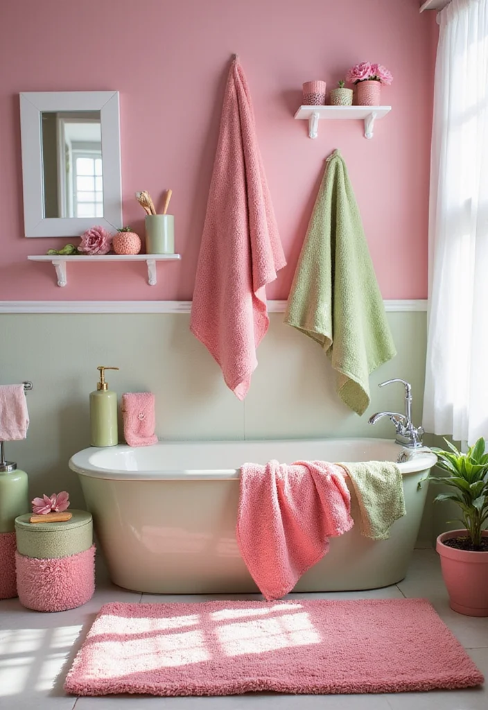 12 Pink and Green Bathroom Ideas for Fun Stylish Contrast 23 12 Pink and Green Bathroom Ideas for Fun Stylish Contrast - 3. Vibrant Accessories