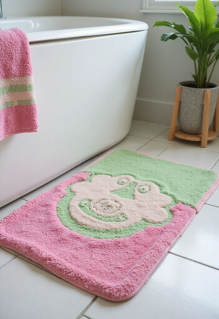 12 Pink and Green Bathroom Ideas for Fun Stylish Contrast 56 12 Pink and Green Bathroom Ideas for Fun Stylish Contrast - 6. Playful Bath Mat