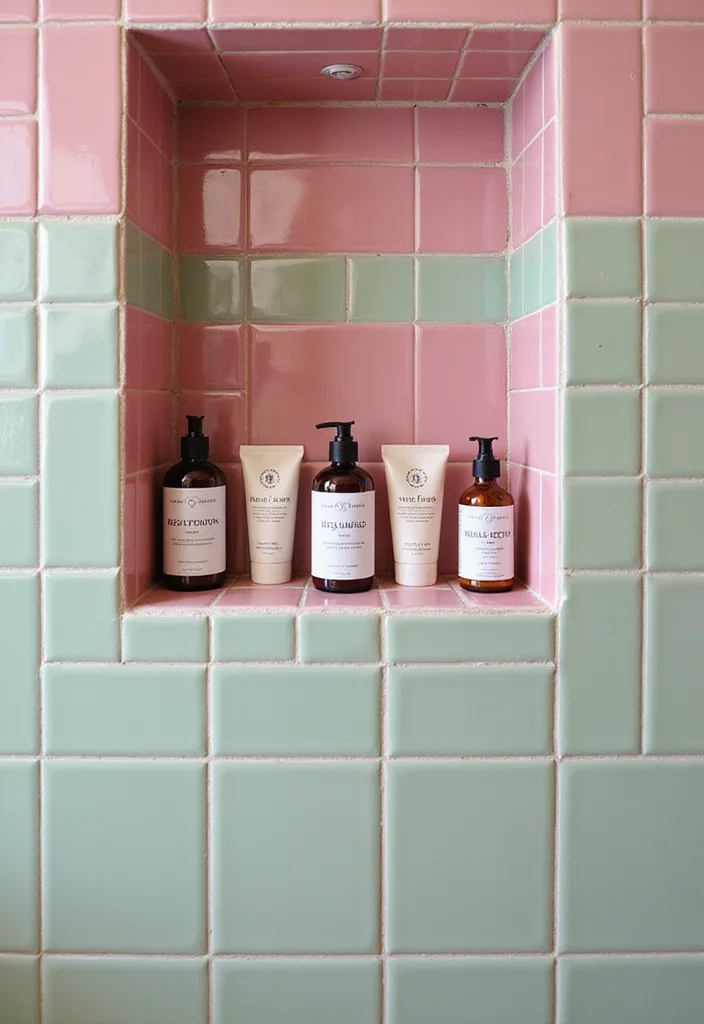 12 Pink and Green Bathroom Ideas for Fun Stylish Contrast 78 12 Pink and Green Bathroom Ideas for Fun Stylish Contrast - 8. Unique Shower Niche