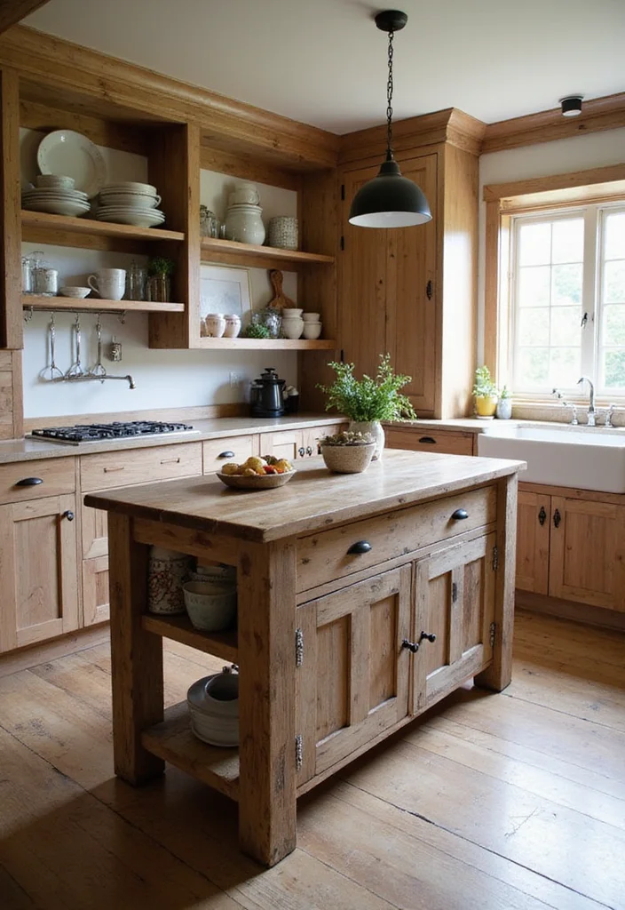 12 Rustic Kitchen Island Ideas for Warm Farmhouse Texture - 1. Reclaimed Wood Island with Open Shelving