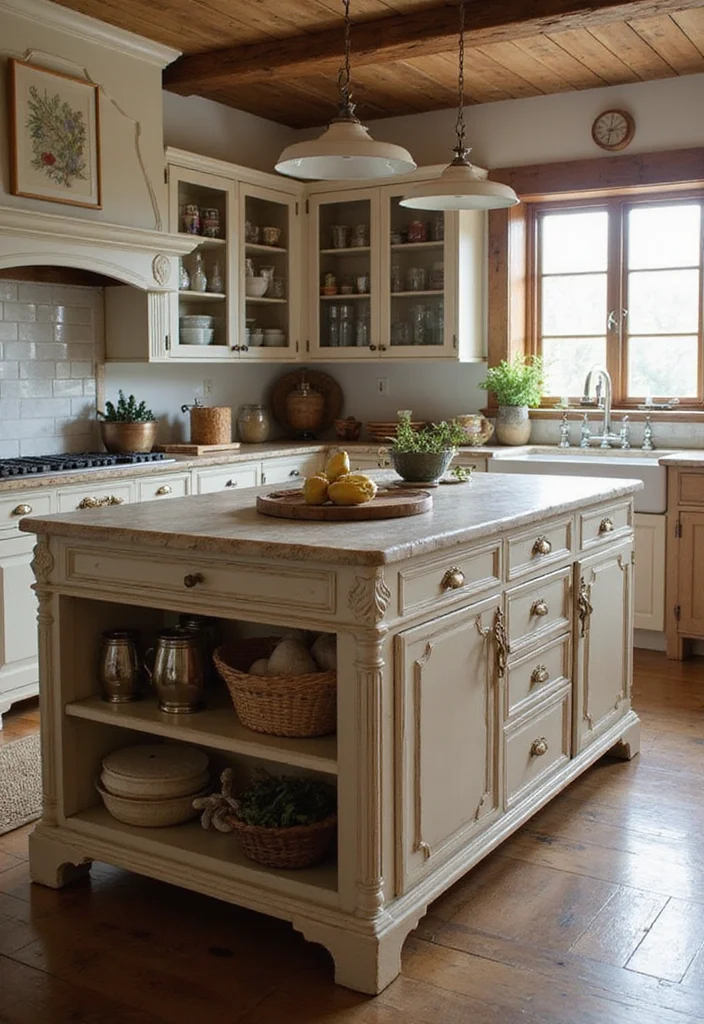 12 Rustic Kitchen Island Ideas for Warm Farmhouse Texture - 3. Vintage Farmhouse Style with Curved Edges