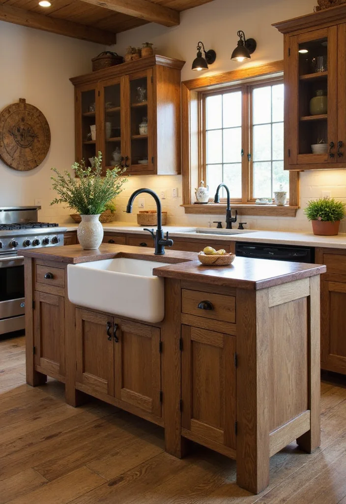 12 Rustic Kitchen Island Ideas for Warm Farmhouse Texture - 4. Farmhouse Sink Integrated Island