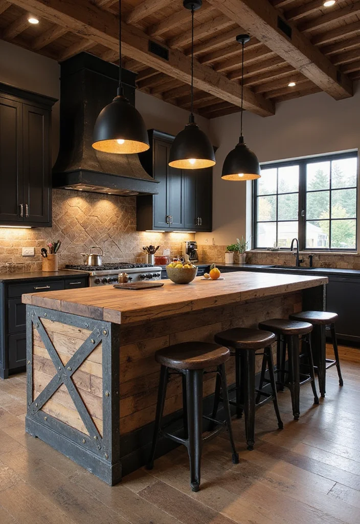 12 Rustic Kitchen Island Ideas for Warm Farmhouse Texture - 7. Industrial Meets Rustic Style
