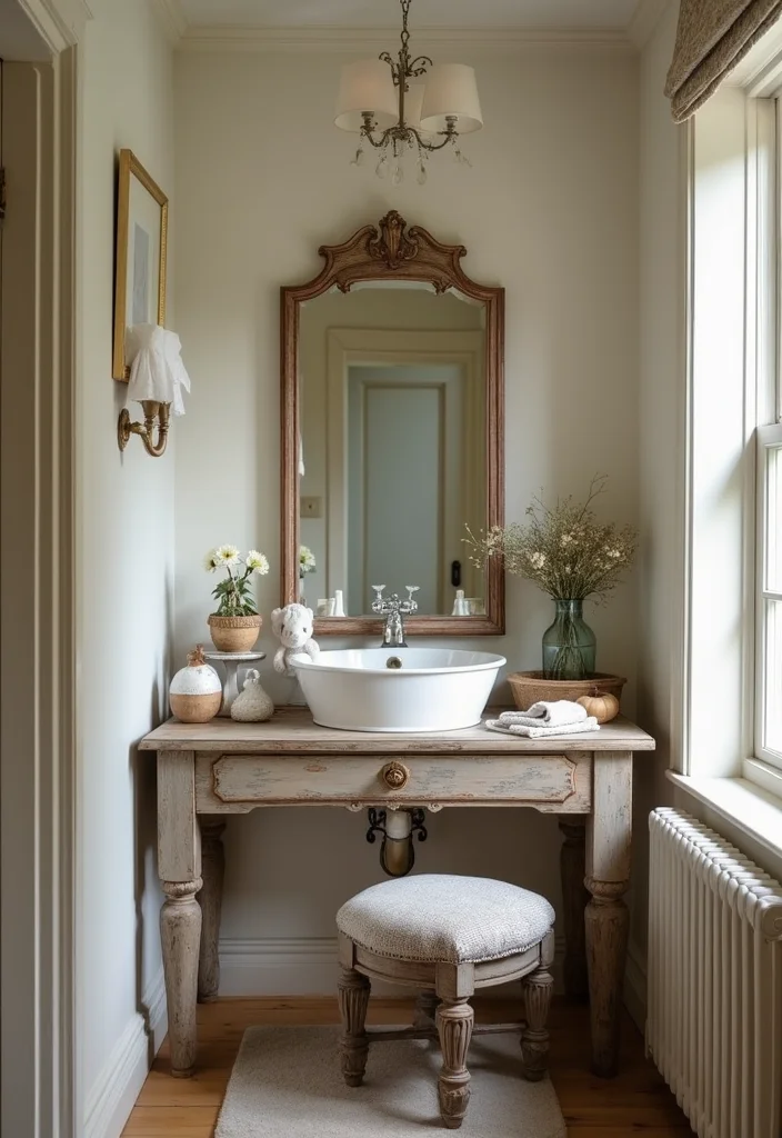 12 Small Country Bathroom Ideas for Cozy Rustic Charm - 1. Shabby Chic Vanity Tables