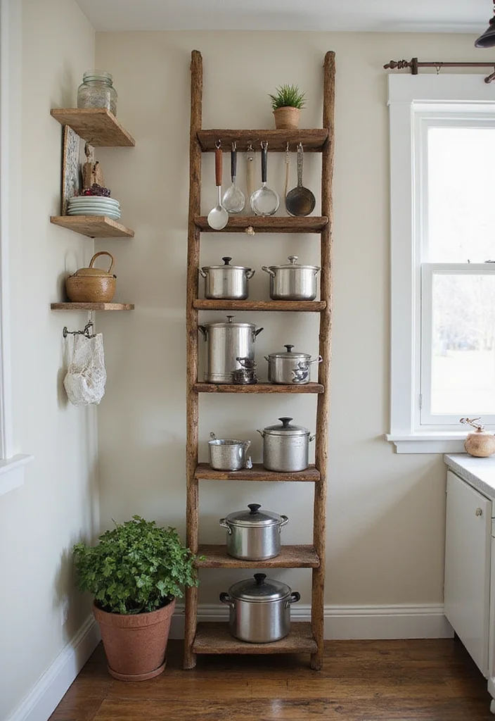 14 Kitchen Wall Storage Ideas to Maximize Vertical Space - 12. Ladder Storage Solutions