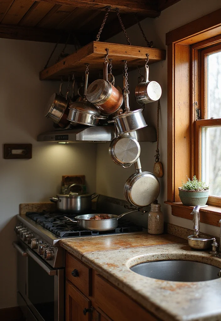 14 Kitchen Wall Storage Ideas to Maximize Vertical Space - 4. Hanging Pot Racks
