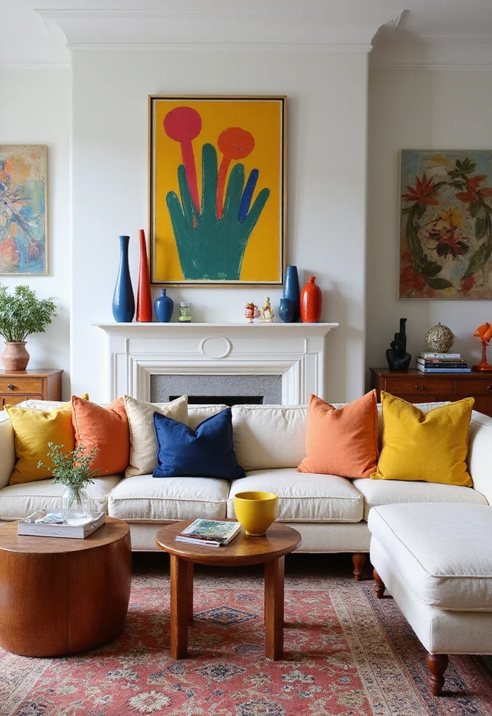 14 Tropical Living Room Ideas for Fresh Vacation Energy - 13. Colorful Accents and Artwork