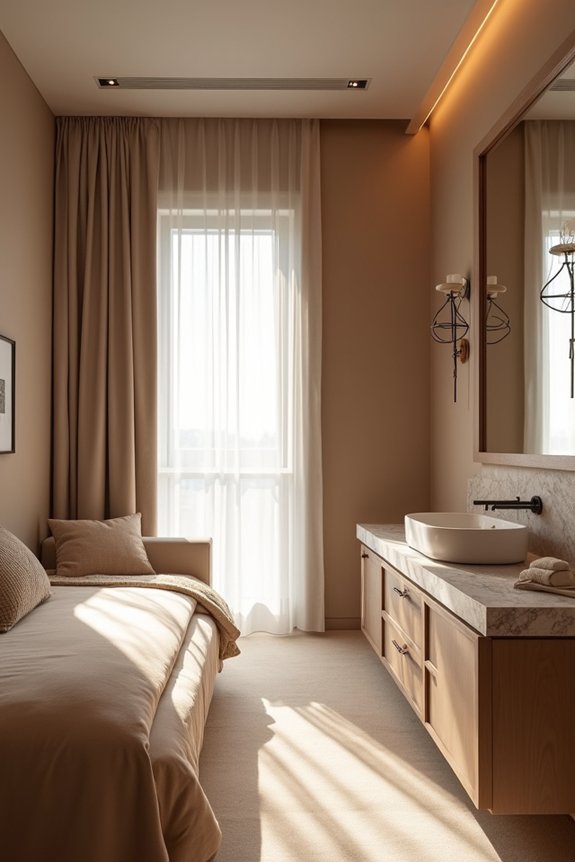 Should Your Bedroom and Bathroom Decor Match? 3 analogous colors create harmonious flow