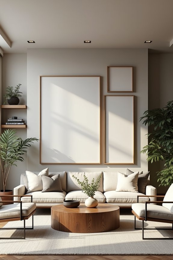 3 Ways to Decorate a Large Living Room Wall 2 frame wall with balanced furniture arrangement