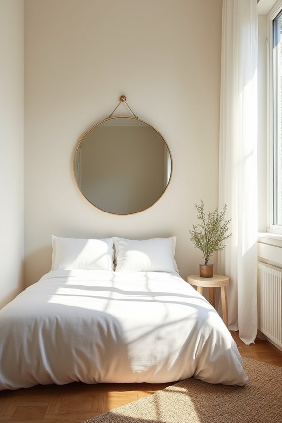 round mirror opposite window brightens space