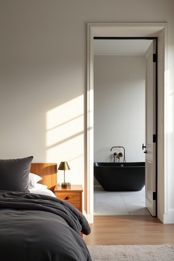 Should Your Bedroom and Bathroom Decor Match? 9 warm toned bedroom cool bathroom harmony