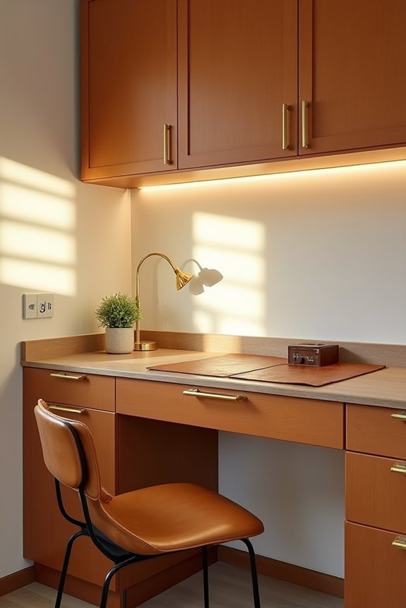 warm wood toned desks with champagne hardware